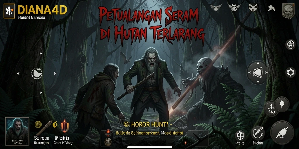 Tampilan antarmuka menakutkan dari game DIANA4D di tengah hutan horor.
