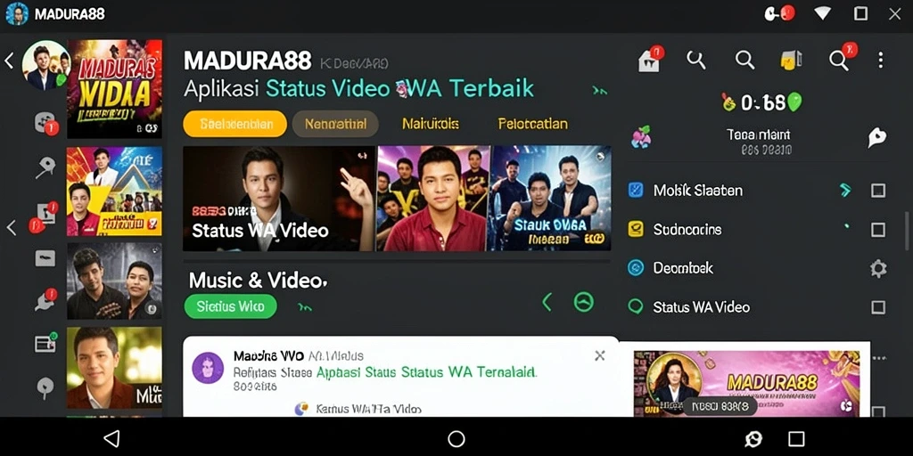 Antarmuka pengguna MADURA88 menampilkan berbagai pilihan video status WA yang menarik.